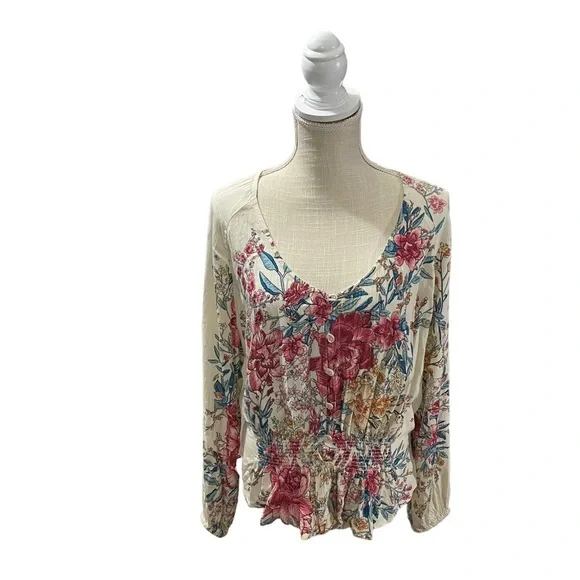 Billabong Play Day Women Cream Floral Long Sleeve Scoop Neck Crinkle Top Sz Sm - Picture 3 of 15